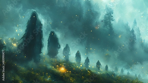 Ethereal Defender Protects Paranormal Investigators from Vengeful Spirits in Mist-Shrouded Forest photo