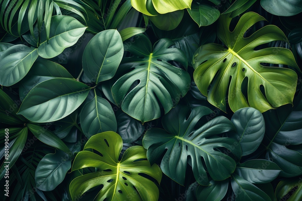 Fototapeta premium A vibrant rainforest scene with lush greenery and exotic foliage, forming a stunning botanical backdrop.