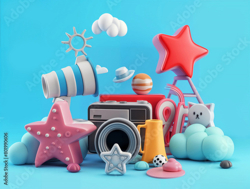 Playful 3d objets with camera backgrounds photo