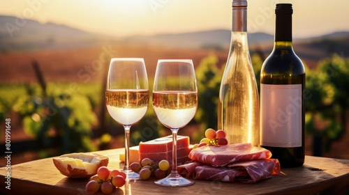 Two glasses and bottle of white wine with Italian prosciutto, melon on wooden table on landscape background of vineyard. Served outside at sunset. Copy space.
