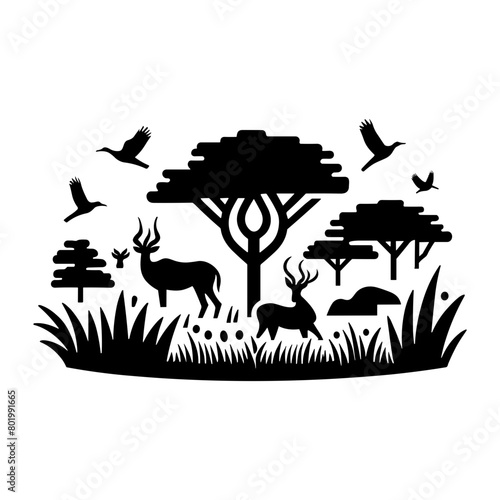 An Isolated Savanna Landscape Icon In Black Monochrome, Presented In Vector Style On A Pure White Background.