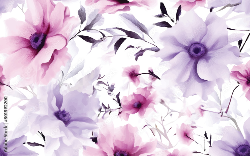 Seamless pattern of blooming flowers painted in watercolor on abstract background. For fabric luxurious and wallpaper, vintage style. Floral background. 