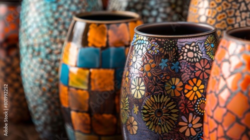 A set of ceramic vases with a glossy finish showcasing a mosaic of different patterns and colors..