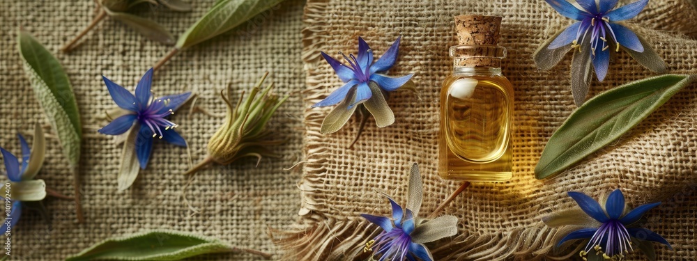 essential oil cosmetics on burlap background essential oil cosmetics on burlap background