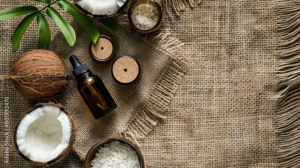 coconut essential oil on burlap background coconut essential oil on burlap background