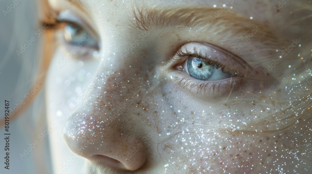 A woman with blue eyes and red hair is wearing a lot of glitter on her face A woman with blue eyes and red hair is wearing a lot of glitter on her face
