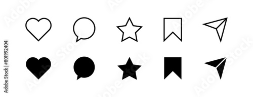 Like, comment, share and save icon set. social media notification icons , love favorite heart and star flat icons, post reactions collection set. Vector illustration photo