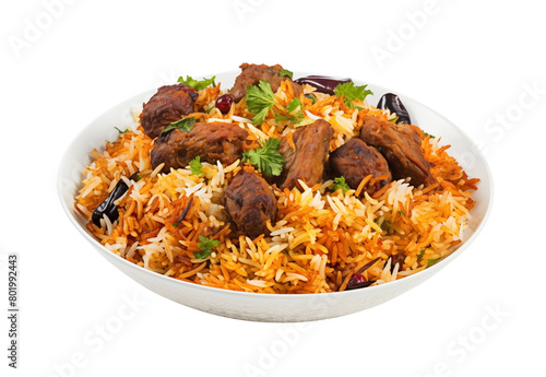 Biryani with delicious meat garnished with fresh parsley in a white bowl. Generative AI