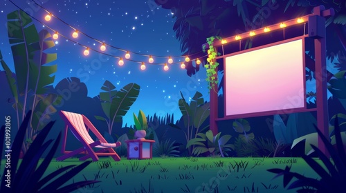 Outdoor cinema screen in summer backyard garden with projector, chair, and garland bulb light in evening. Cartoon illustration of people watching movies in the backyard at night.