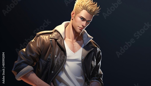 A handsome, muscular man with blond hair and blue eyes is standing in a dark room