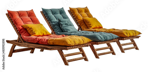 Wooden deck chairs with colorful cushions, cut out - stock png. photo