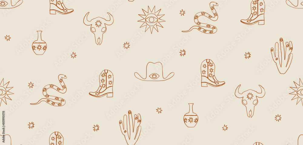 Naklejka premium Seamless pattern cowboy boots, snake and cactus design elements