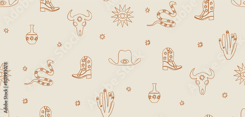 Seamless pattern cowboy boots, snake and cactus design elements