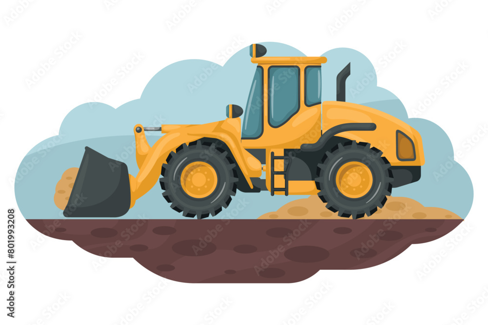 Cartoon of front loader loading sand. Heavy machinery used in the construction and mining industry Cartoon of front loader loading sand. Heavy machinery used in the construction and mining industry