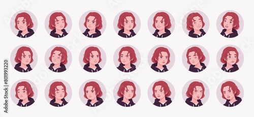 Young man, cool long hairstyle of ruby wine dye color male avatar portrait set, cute bundle. Feelings, strong emotions face icons, player character mood pic circles, impression. Vector illustration © andrew_rybalko