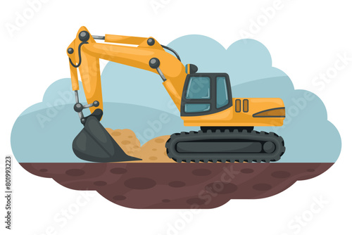 Crawler excavator cartoon digging. Heavy machinery used in the construction and mining industry