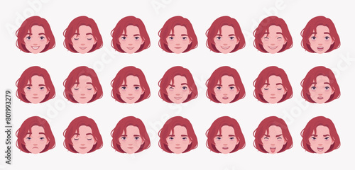 Young cool long hairstyle of ruby wine dye color male emotion set, cute guy bundle portrait. Different nice face icons, positive, negative facial expression feature pic. Vector illustration circles © andrew_rybalko