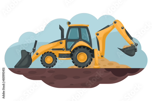 Cartoon of a backhoe excavating the ground. Heavy machinery used in the construction and mining industry