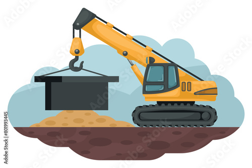 Cartoon of telescopic crane moving a heavy iron. Heavy machinery used in the construction and mining industry
