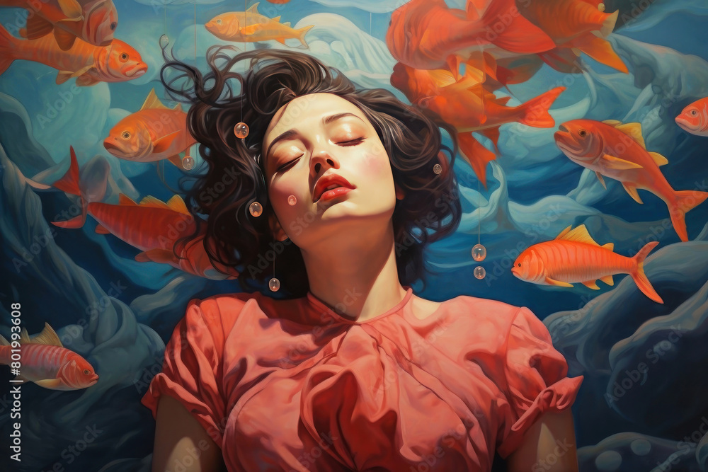 Surreal underwater dreamscape with a serene woman surrounded by vivid orange koi fish