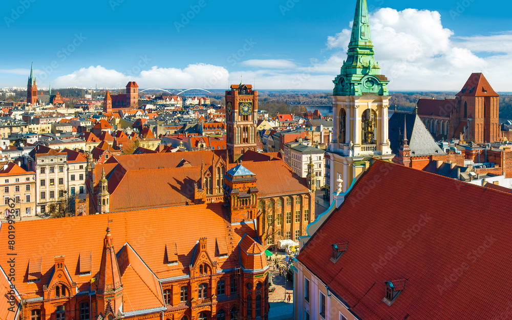 Aerial panoramic view of historical buildings and roofs in Polish medieval town Torun