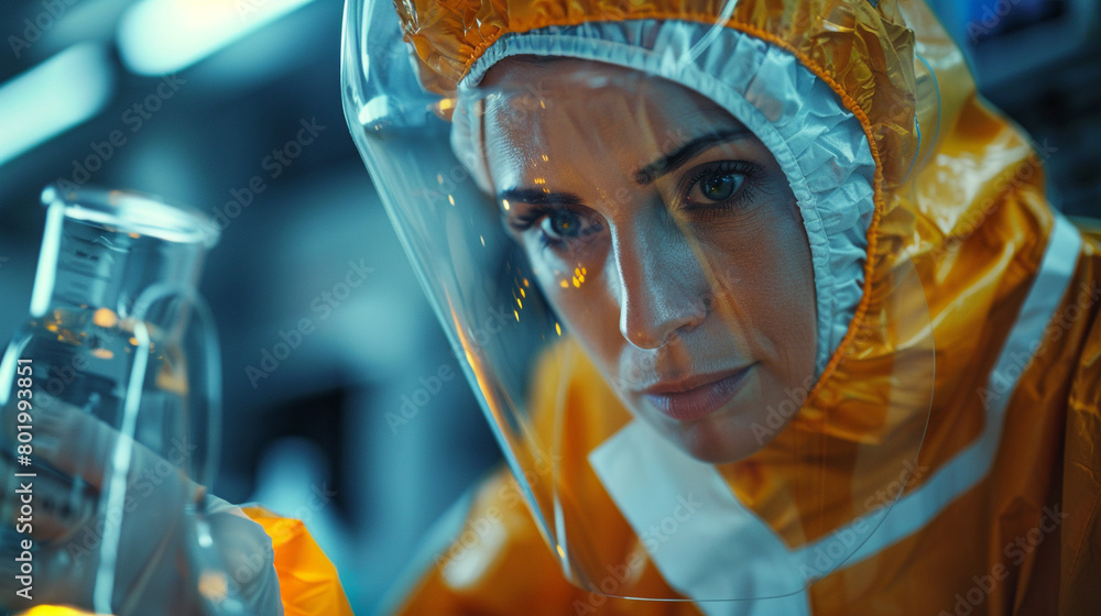 Female scientist in a hazmat suit analyzing glowing liquid in a flask ...