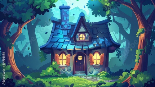 This is a modern cartoon illustration of a fairytale cottage with wooden windows, doors, chimneys on the roof in the shadow of tall trees, greenery on branches, and a game background. © Mark