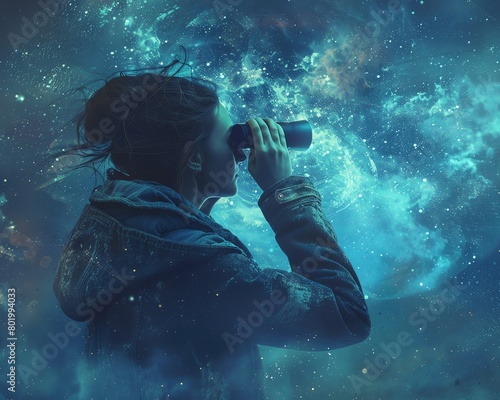 A person looking through binoculars, seeing not just far away but into past events, exploring the concept of time as a dimension