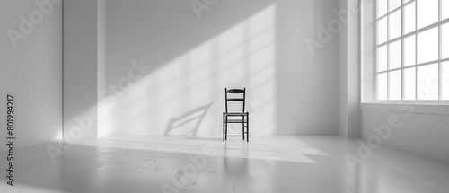 A stark white room with a single black chair  evoking a sense of isolation and artificiality in a simulated world
