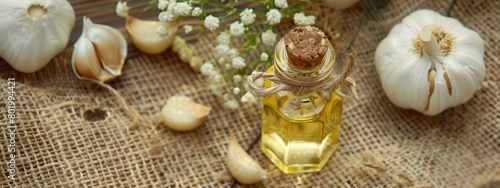 garlic essential oil on burlap background