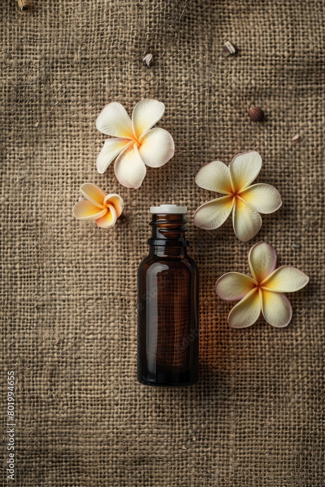 frangipani essential oil on burlap background frangipani essential oil on burlap background