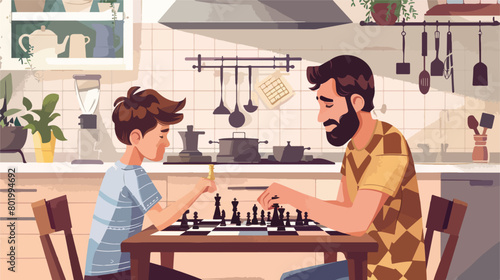 Father and son playing chess in kitchen closeup Vector