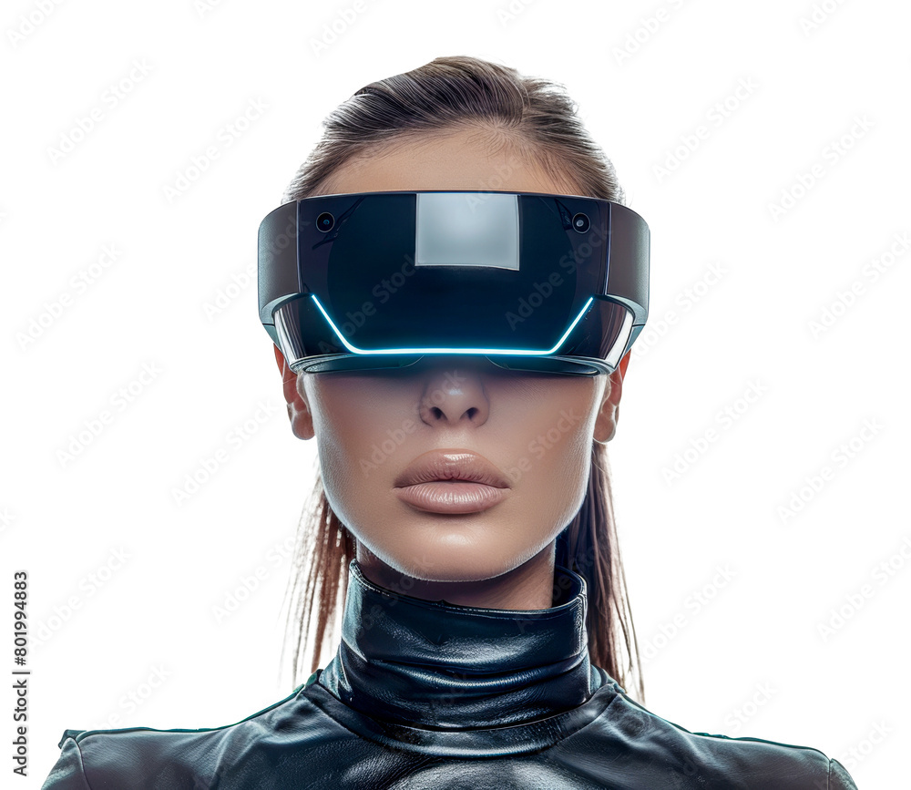 Futuristic female model wearing sleek VR headset, cut out - stock png. Futuristic female model wearing sleek VR headset, cut out - stock png.