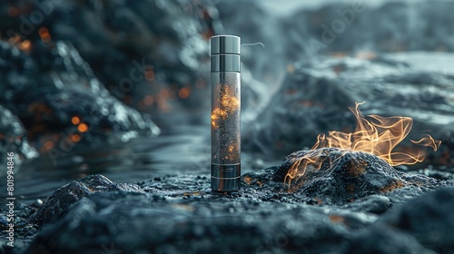 Electronic cigarette product in stone scene, dark background. Generative AI. photo