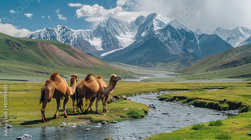 Several camels leisurely on the lush green grassland  creek  snowy mountains in the distance. Generative AI.