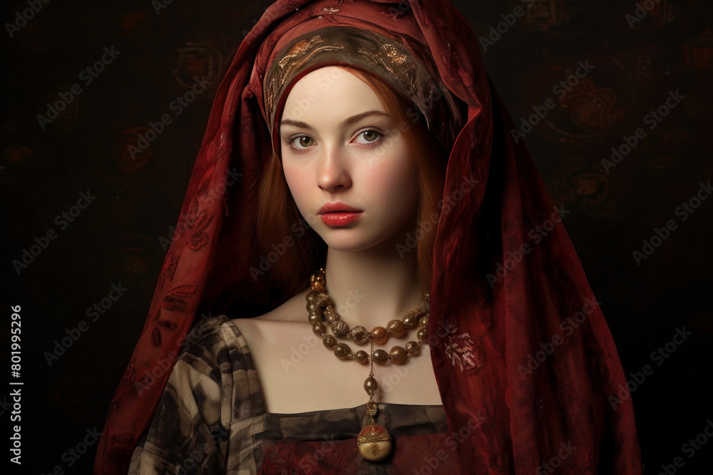 Elegant portrait capturing a woman in a rich red headscarf adorned with luxurious jewelry Elegant portrait capturing a woman in a rich red headscarf adorned with luxurious jewelry