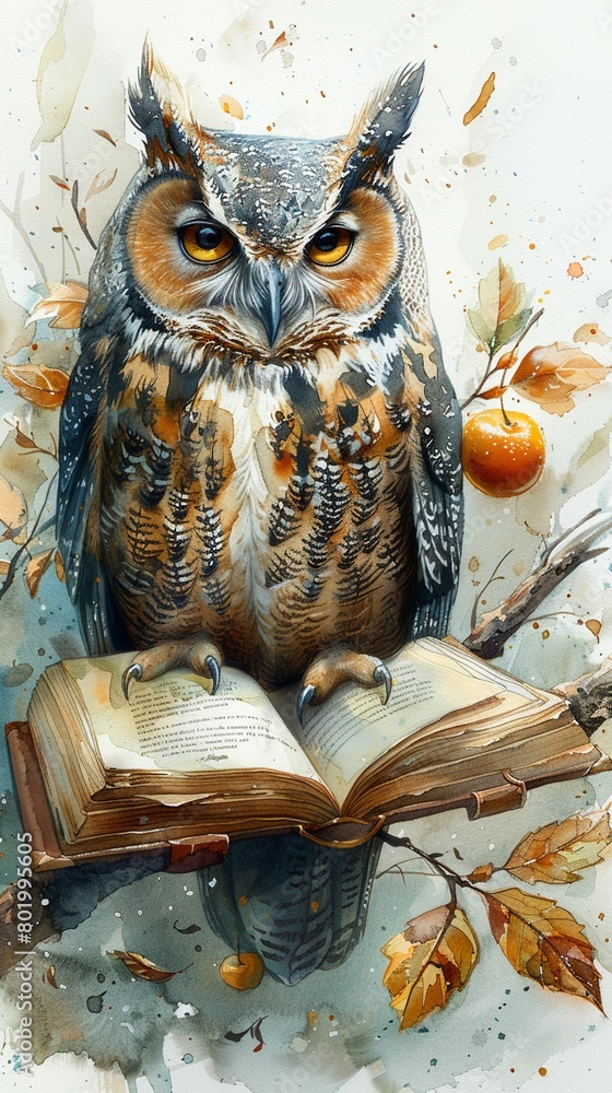 A wise old owl perched on a tree branch with a book of fairy tales open in front of it. copy space