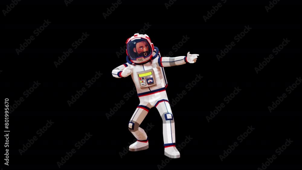 3D Astronaut in spacesuit points with his finger with powerful expression. Looping animation with alpha channel.