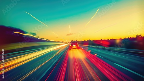 A vibrant magenta lens flare illuminates the electric blue automotive lighting on the car as it speeds down the highway at night, under a starry sky AIG50