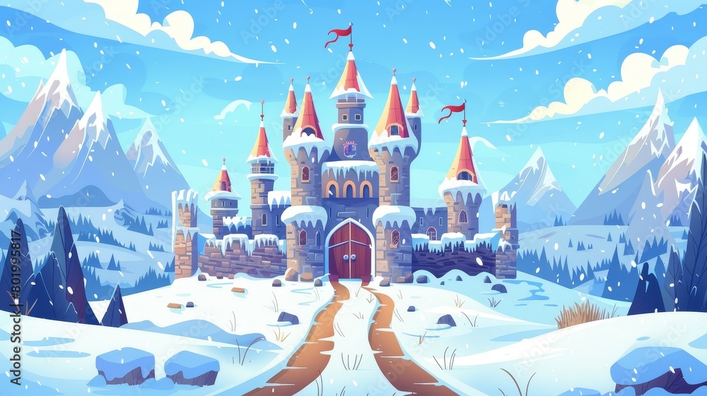 In the middle of a snowy meadow at hills, a fairy tale castle topped by a flag resides near rock mountains in winter. The path leads to the entrance to a medieval house in the middle of the snowy