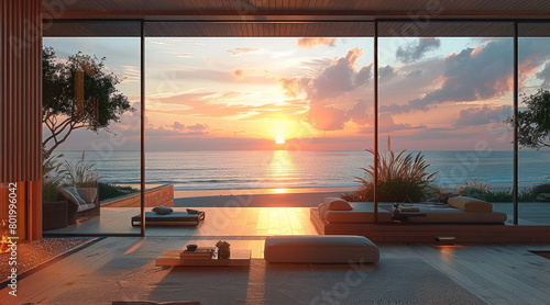 View of a house of a modern wooden house with a clean  sleek interior and a huge window overlooking a beautiful realistic beach sunset. Generative AI.
