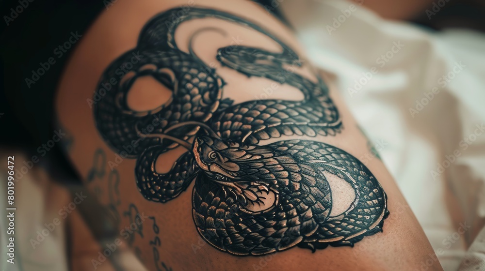Fototapeta premium A serpent tattoo winding around a leg, symbolizing rebirth and knowledge, displayed on a simple background to emphasize the tattoo art