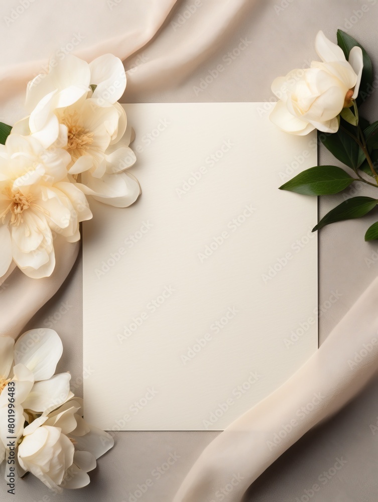 Mockup blank greeting card flower plant background Invitation wedding birth place for text flat lay