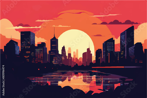 Illustration of the City Skyline at Sunset. cityscape. City skyscrapers, skyscraper modern architecture, sunset cityscape, vector illustration background design.