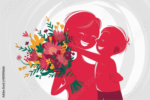 happy mother's day, mother and son pink silhouette mother holding flowers, mother's day celebration 