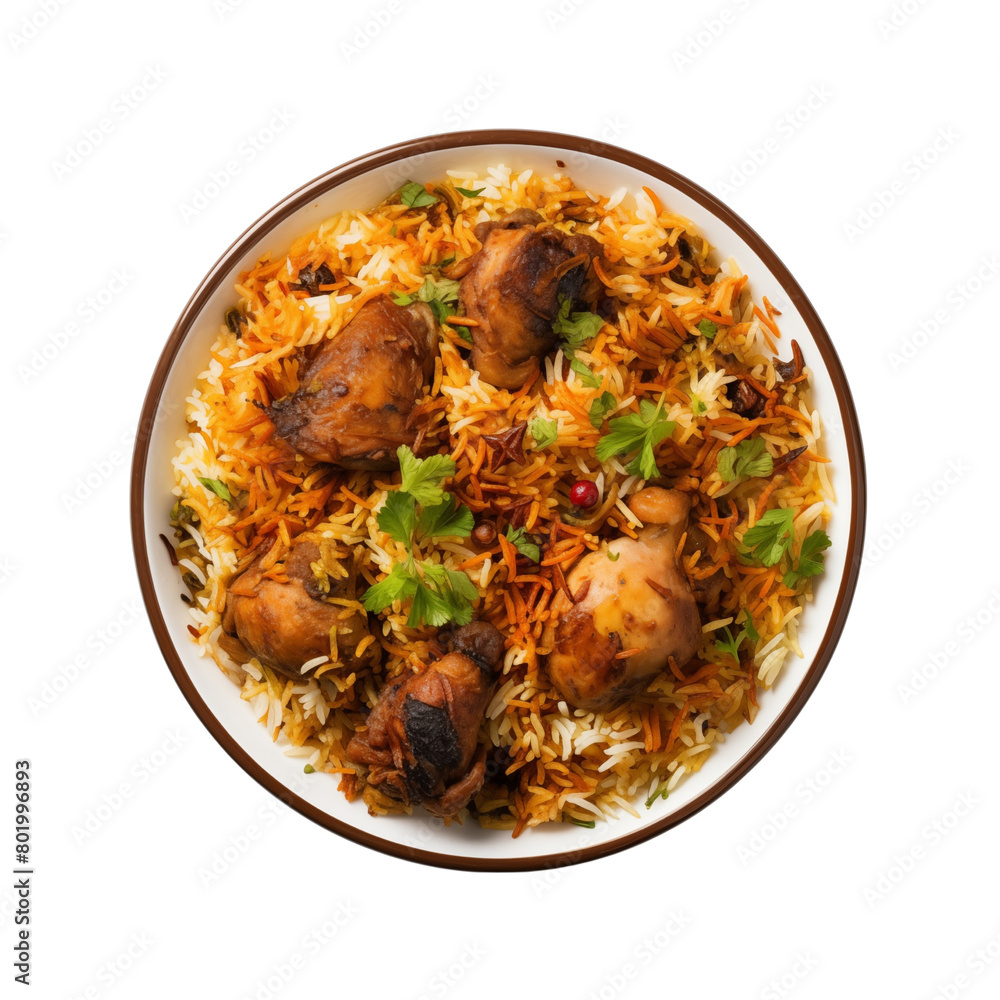 biryani rice with delicious mutton pieces, with herbs and spices, in a bowl on a transparent background. Generative AI biryani rice with delicious mutton pieces, with herbs and spices, in a bowl on a transparent background. Generative AI