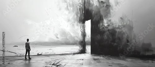 An artist drawing a door on a wall that opens into a real landscape, blurring the lines between creation and reality