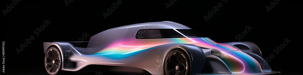 A futuristic car with a rainbow design on it