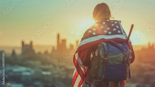 A powerful image of an American flag draped over the shoulder of an explorer, set against the backdrop of iconic U.S. landmarks, symbolizing a journey of unity and patriotism, clear background photo