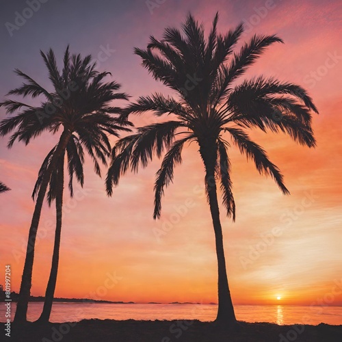 sunset on the beach, palm tree on beach